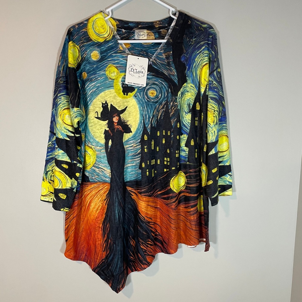 Et Lois Starry Night Witch Black Cat Moon Asymmetrical Tunic Top Large NEW Artsy